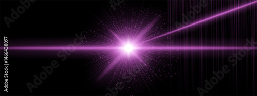 Purple energy blast with flare rays and additional angled beams, digital particles spread in black background. Suggests sci-fi ignition, cosmic laser impact.