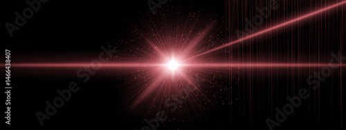 Red-orange energy blast with flare rays and additional angled beams, digital particles spread in black background. Suggests sci-fi ignition, cosmic laser impact.