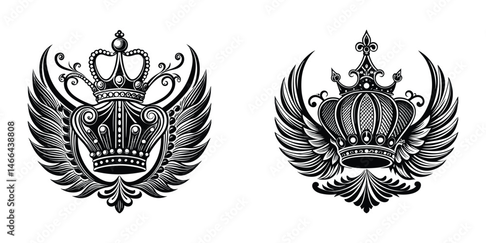 Winged Crown Vector Graphics Set. Winged Crown Vector Graphics Set.