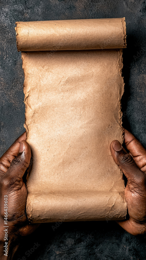 Old paper scroll held by hands, vintage texture, blank parchment, closeup, ancient document, creative background, emotional curiosity