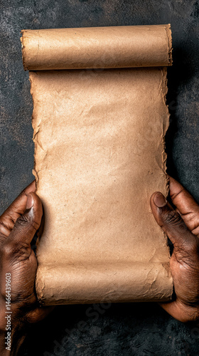 Old paper scroll held by hands, vintage texture, blank parchment, closeup, ancient document, creative background, emotional curiosity