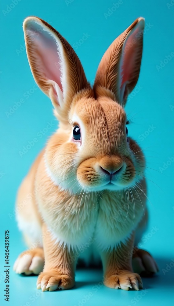Fototapeta premium Close-up of cute bunny with striking black eye on blue backdrop, background, close-up, furry