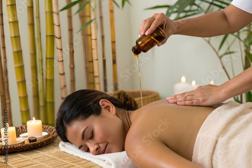 Soothing back massage with warm aromatic oil in tranquil bamboo spa room, relaxing atmosphere with candles and gentle touch