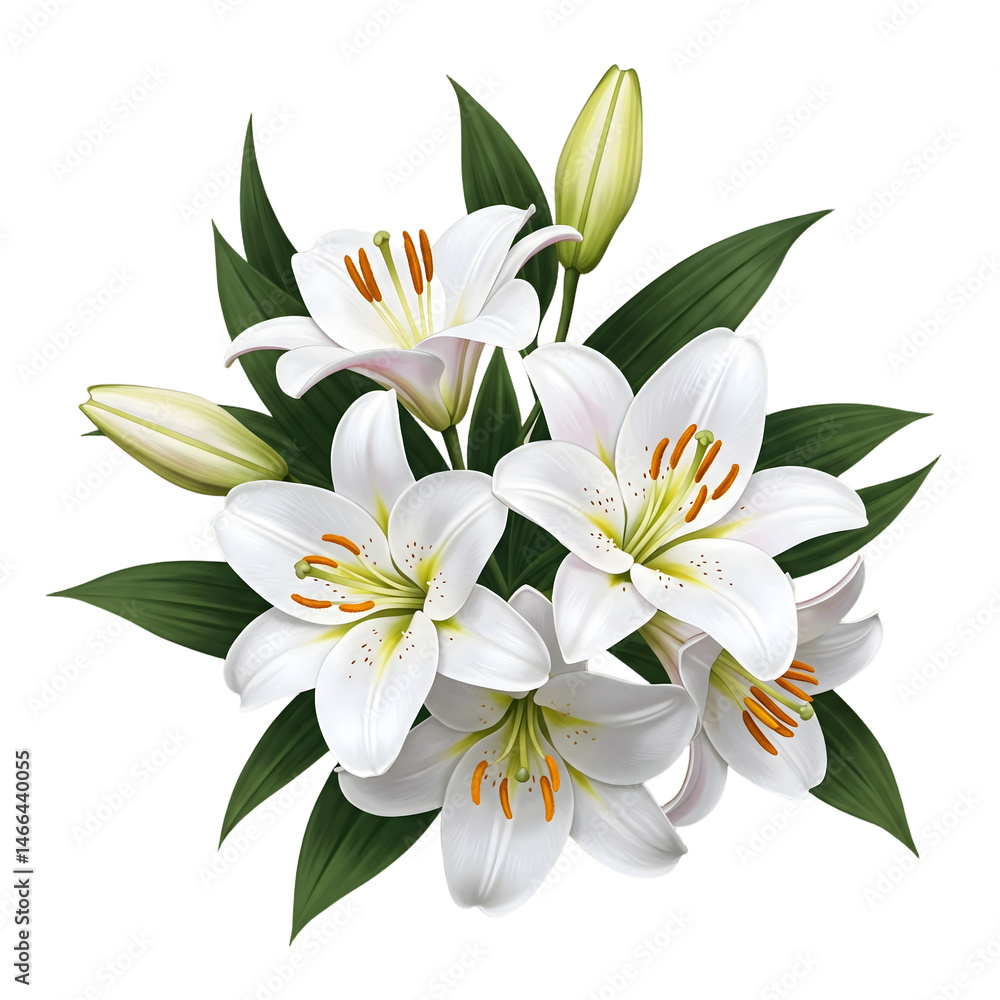 A cluster of white lilies with orange stamens and green leaves, on a beige background. A cluster of white lilies with orange stamens and green leaves, on a beige background.
