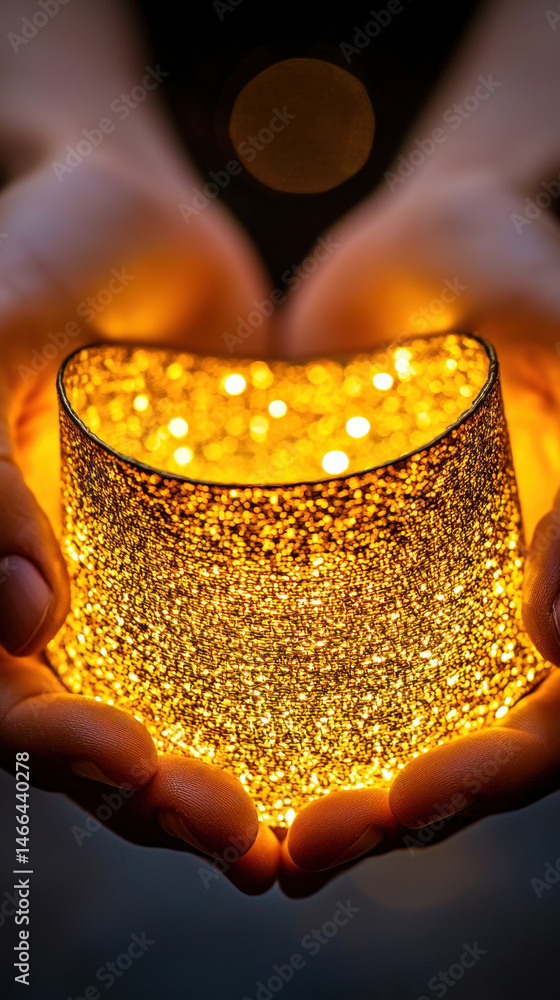 Hands holding glowing golden heart shaped object warm light closeup dark background cozy magical emotional hope care love