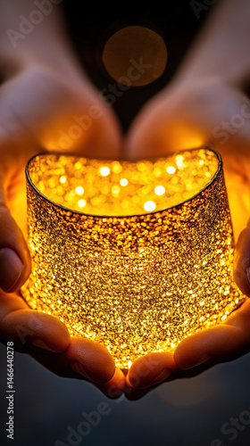 Obraz na płótnie Hands holding glowing golden heart shaped object warm light closeup dark background cozy magical emotional hope care love w salonie