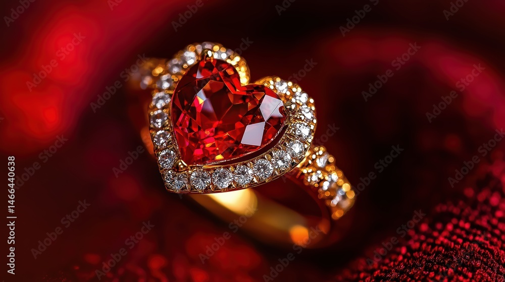 A stunning close-up of a heart-shaped ruby ring with a brilliant diamond setting, placed against an elegant red textured background with subtle heart patterns. A stunning close-up of a heart-shaped ruby ring with a brilliant diamond setting, placed against an elegant red textured background with subtle heart patterns.