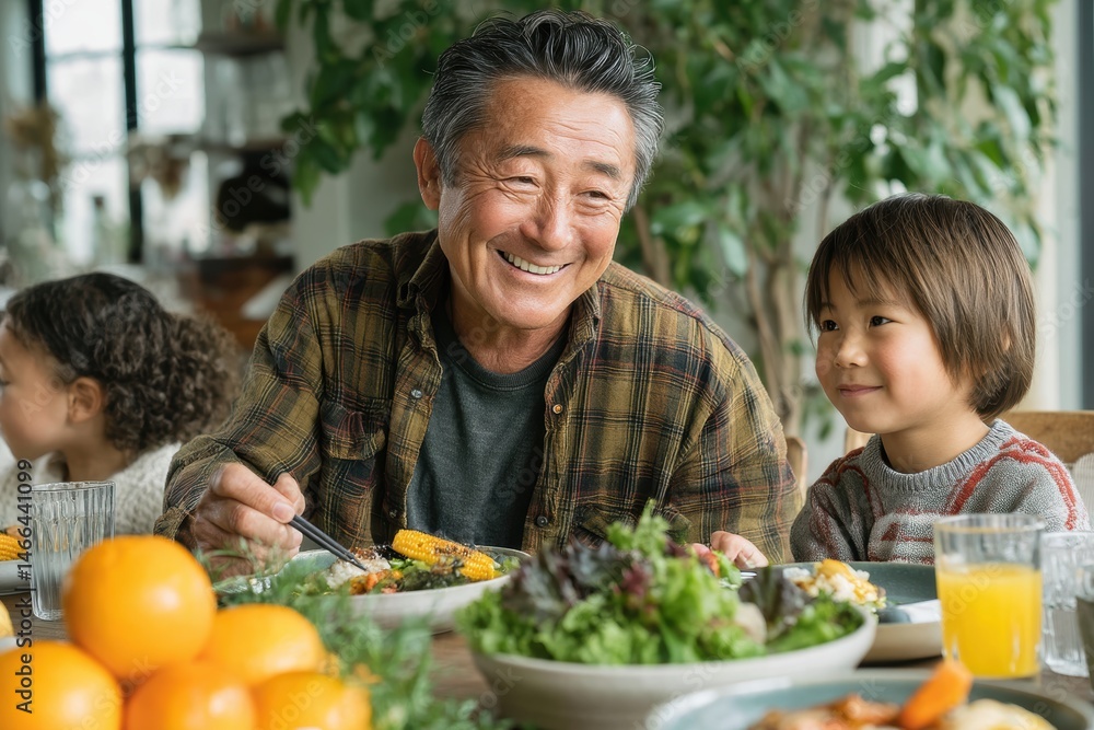 Heartwarming moments of an Asian grandfather sharing joyful meals and cooking fresh vegetables with his grandchildren – ideal for family-focused campaigns, healthy lifestyle content, or multigeneratio Heartwarming moments of an Asian grandfather sharing joyful meals and cooking fresh vegetables with his grandchildren – ideal for family-focused campaigns, healthy lifestyle content, or multigeneratio