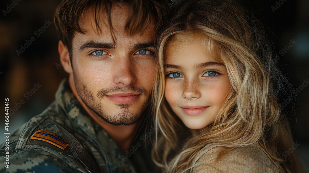 military family reunion indoors with father in uniform, mother and daughter embracing military family reunion indoors with father in uniform, mother and daughter embracing