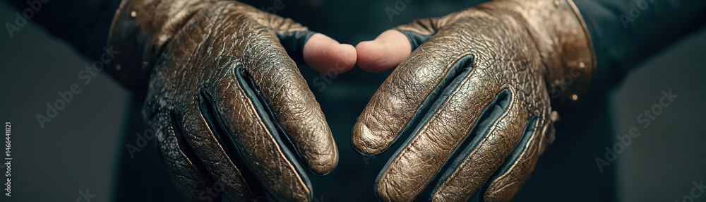 Closeup hands crafting gloves control weather leather brown metallic protective Closeup hands wearing brown metallic leather gloves crafting with