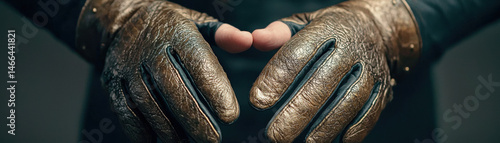 Obraz na płótnie Closeup hands crafting gloves control weather leather brown metallic protective Closeup hands wearing brown metallic leather gloves crafting with w salonie