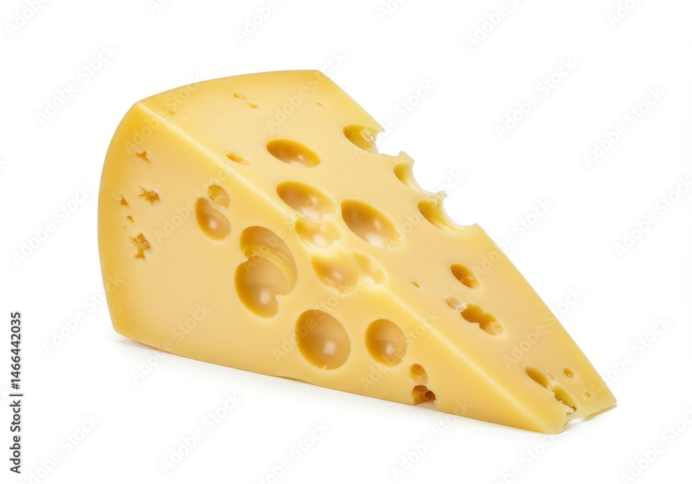 A wedge of emmental cheese with holes sits on a white background in studio shot A wedge of emmental cheese with holes sits on a white background in studio shot