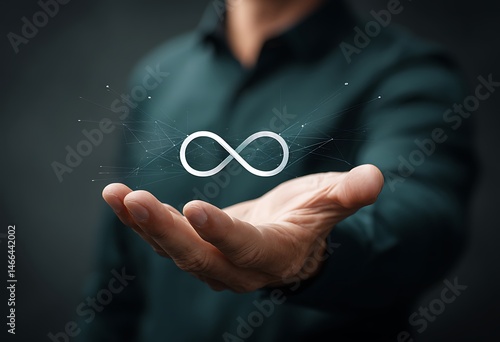A businessman displays a digital infinity symbol representing endless growth potential and continuous improvement in business strategy.