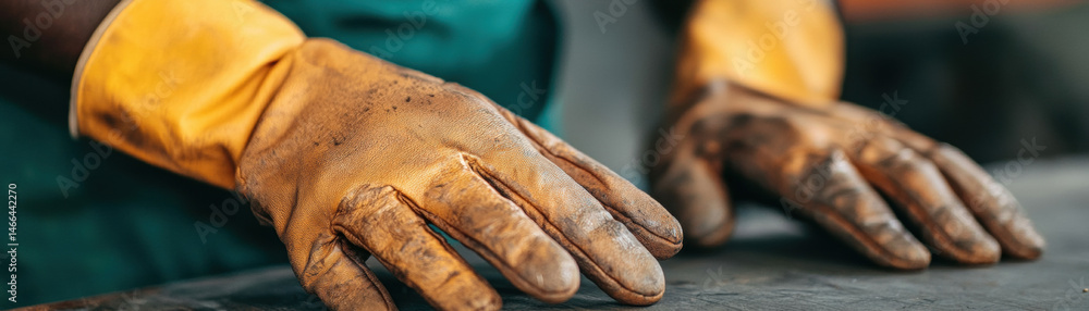 Closeup of hands wearing yellow protective gloves, working on surface, showing focus and craftsmanship in industrial setting