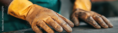 Obraz na płótnie Closeup of hands wearing yellow protective gloves, working on surface, showing focus and craftsmanship in industrial setting w salonie
