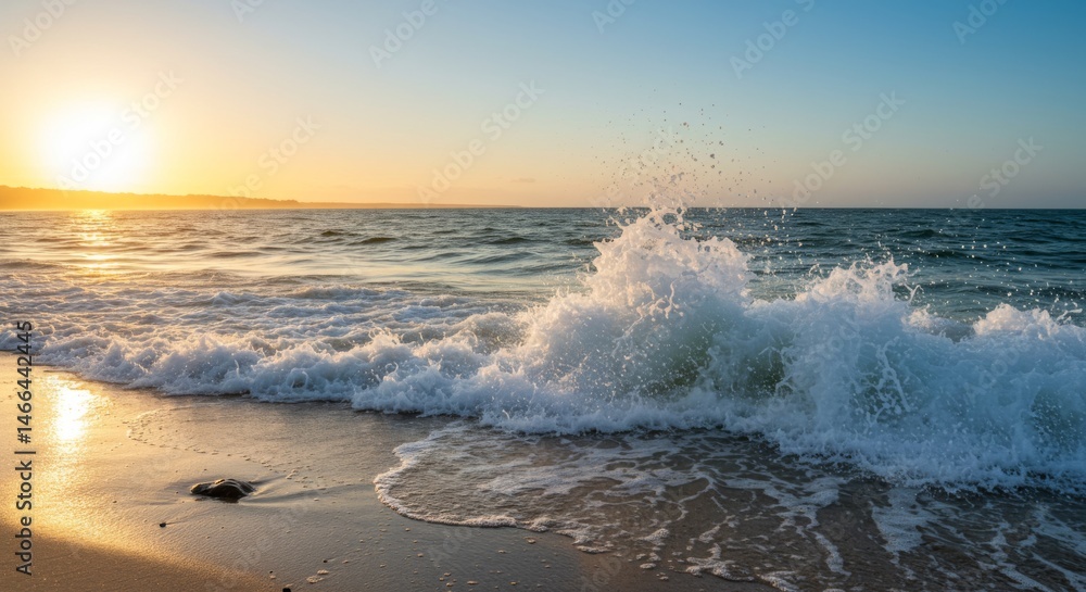 Fototapeta premium Ocean Wave Crashing on Sandy Beach at Sunset
