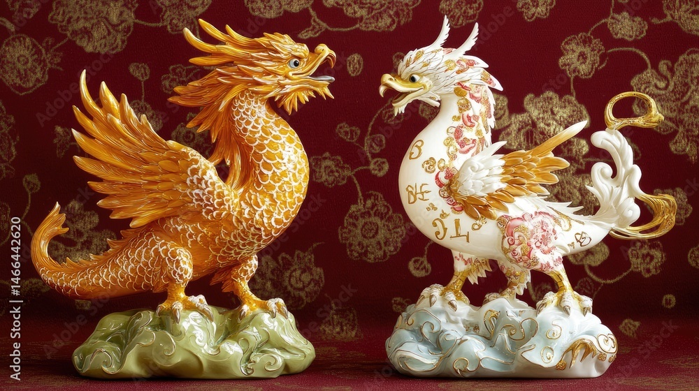 Fototapeta premium Dragon and phoenix figurines with symbolic numbers placed between them