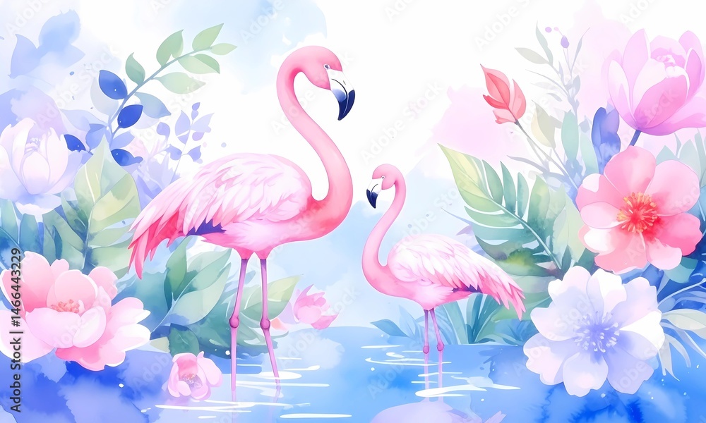 Naklejka premium Elegant Watercolor Illustration of Two Flamingos Amidst a Floral Bloom