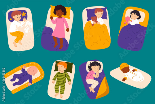 Illustration of eight children and babies sleeping peacefully in beds or swaddles, wearing pajamas and cuddling plush toys, shown in various sleep positions on a teal background