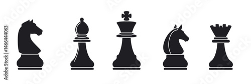 Black silhouette vector chess pieces icons set including knight bishop king horse and rook isolated on white background in minimalist flat style
