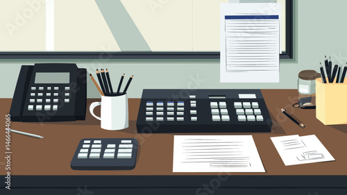 Minimalist office workspace flat vector illustration with calculator, telephone, paperwork, and stationery for financial administration and accounting tasks