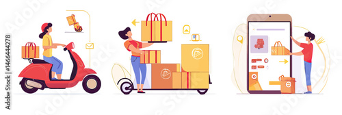 Online shopping delivery process vector set with courier on red scooter carrying packages, person stacking parcel boxes, and customer ordering via smartphone app in flat minimalist style