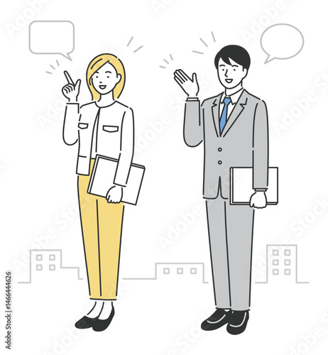 businessman and businesswoman, explaining, full body, vector illustration
