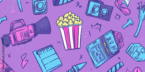 Hand drawn doodle style movie camera, popcorn box, retro video camera, film clapboard, film reel, cinema theme flat vector illustration on purple background