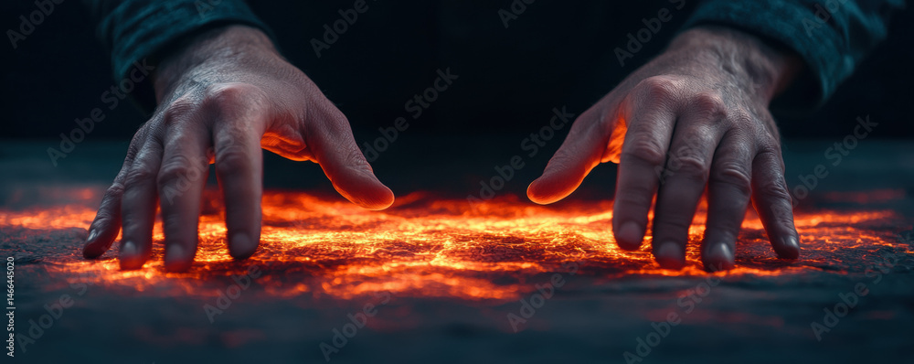 Hands closeup floating glowing map mysterious dark energy light creative concept. Hands float above glowing map radiating mysterious energy dark