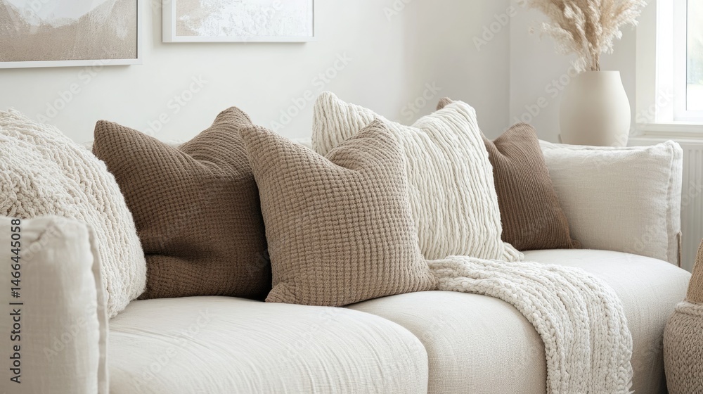 Open plan hall with neutral-toned sofa and soft textures Open plan hall with neutral-toned sofa and soft textures