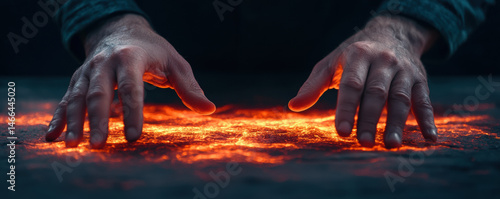 Obraz na płótnie Hands closeup floating glowing map mysterious dark energy light creative concept. Hands float above glowing map radiating mysterious energy dark w salonie