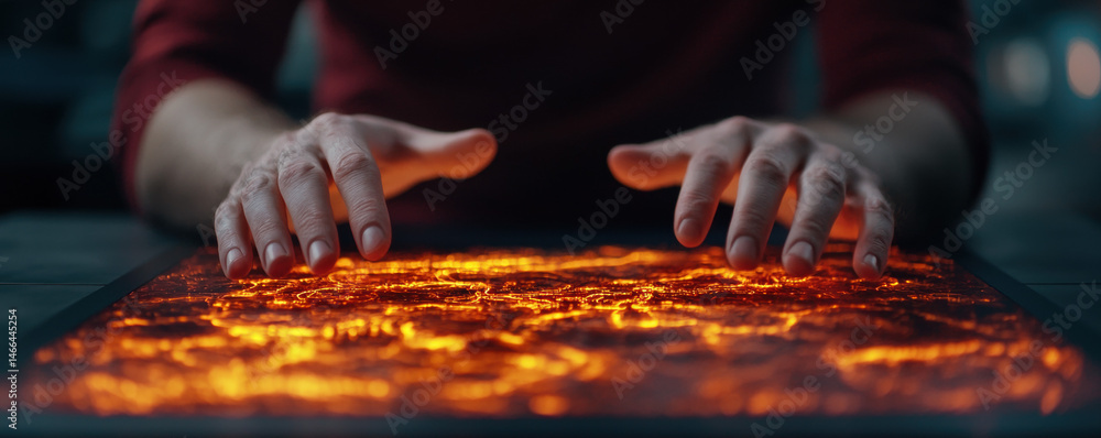 Hands hovering over glowing map closeup warm light futuristic mysterious technology exploration creative emotional atmosphere