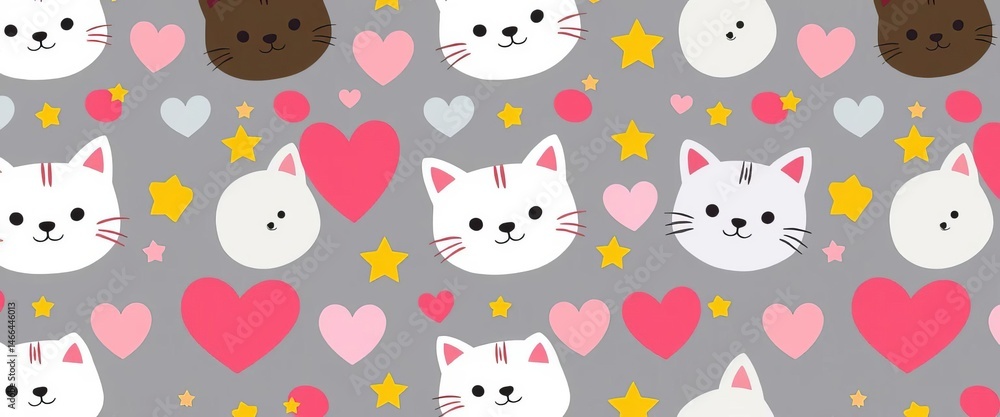 Adorable cartoon cat faces, hearts, and stars forming a seamless repeating pattern, fabric, image Adorable cartoon cat faces, hearts, and stars forming a seamless repeating pattern, fabric, image