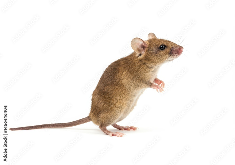 A small brown mouse stands on its hind legs against a plain white background A small brown mouse stands on its hind legs against a plain white background