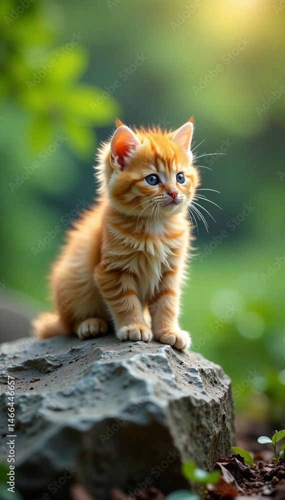Obraz premium Adorable fluffy kitten perched on a large boulder observing surroundings, peaceful, furry, cat