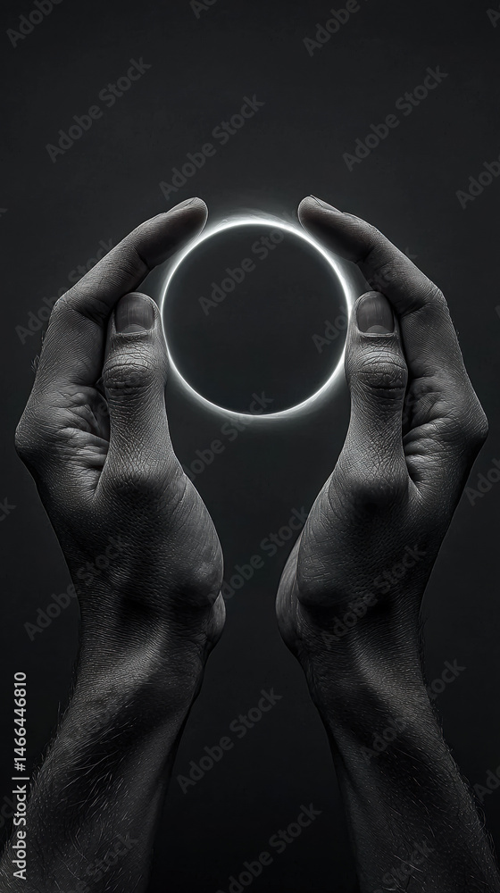 Two hands closeup forming circle with fingers, glowing eclipse shape between, dramatic lighting, mysterious mood