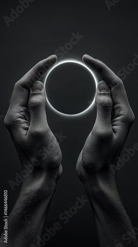 Obraz na płótnie Two hands closeup forming circle with fingers, glowing eclipse shape between, dramatic lighting, mysterious mood w salonie