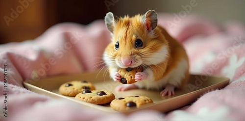 Adorable hamster nibbling on cookies from tray on cozy bed, bed, cozy, hamster