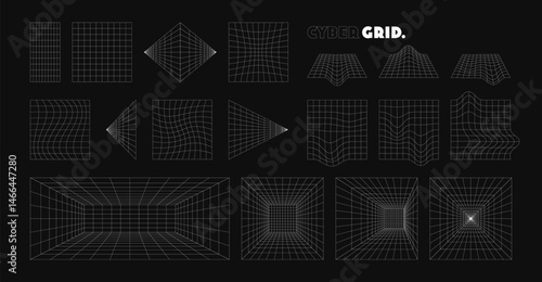 Collection of different futuristic perspective grid box and shapes. Abstract wireframe with white grid line on black background. Virtual reality landscape in 80s 90s digital style. Vector illustration