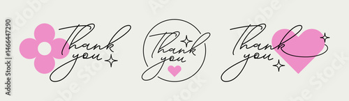 Thank You lettering phrase set with flower, heart and sparkles. calligraphy design for postcards, reviews, inspiration and motivation message. Phrase design inspired by positive vibes