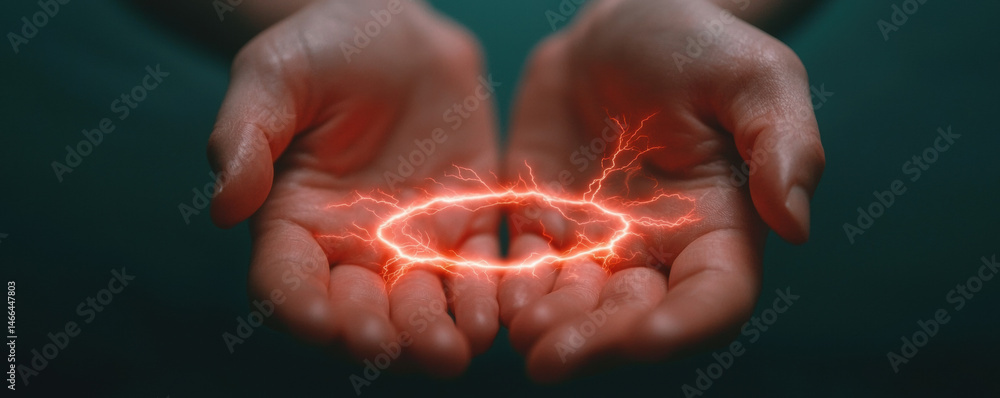 Hands closeup forming spell circle thunder electricity magic energy glowing power mystical human palm light spark fantasy supernatural aura red