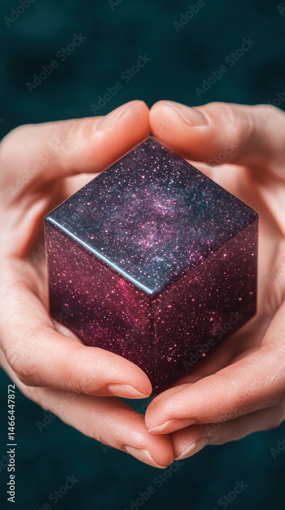 Hands gently holding cosmic cube, galaxy pattern glowing with wonder, closeup, mysterious and magical atmosphere
