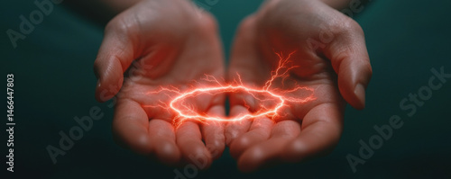 Obraz na płótnie Hands closeup forming spell circle thunder electricity magic energy glowing power mystical human palm light spark fantasy supernatural aura red w salonie