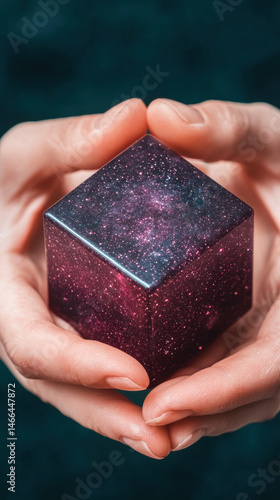 Obraz na płótnie Hands gently holding cosmic cube, galaxy pattern glowing with wonder, closeup, mysterious and magical atmosphere w salonie