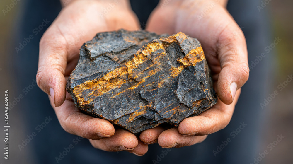 Hands holding large rough stone with orange mineral veins, closeup, natural outdoor light, earthy and rugged feeling