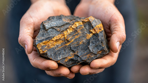 Hands holding large rough stone with orange mineral veins, closeup, natural outdoor light, earthy and rugged feeling