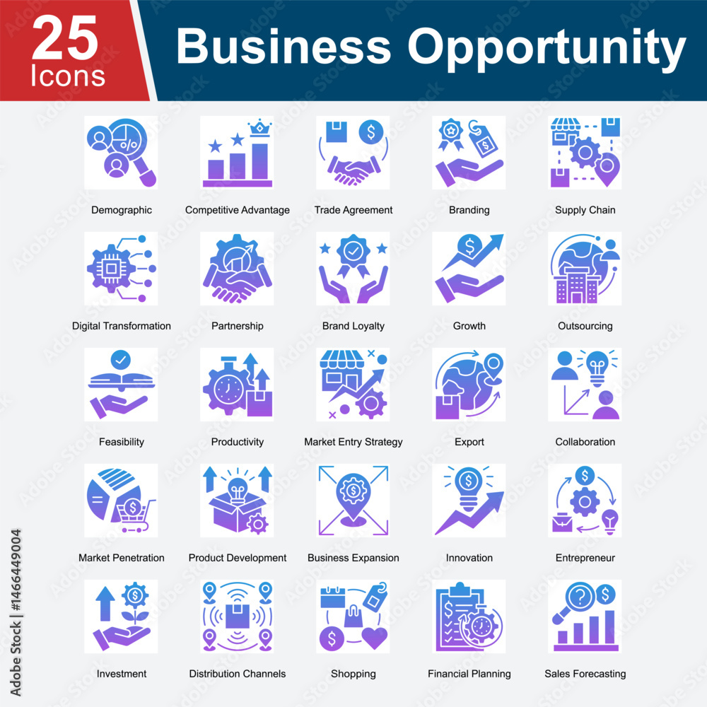 Business Opportunity is a collection of icons representing strategies for identifying and leveraging business opportunities, focusing on growth, expansion, investment, and market strategies. Business Opportunity is a collection of icons representing strategies for identifying and leveraging business opportunities, focusing on growth, expansion, investment, and market strategies.