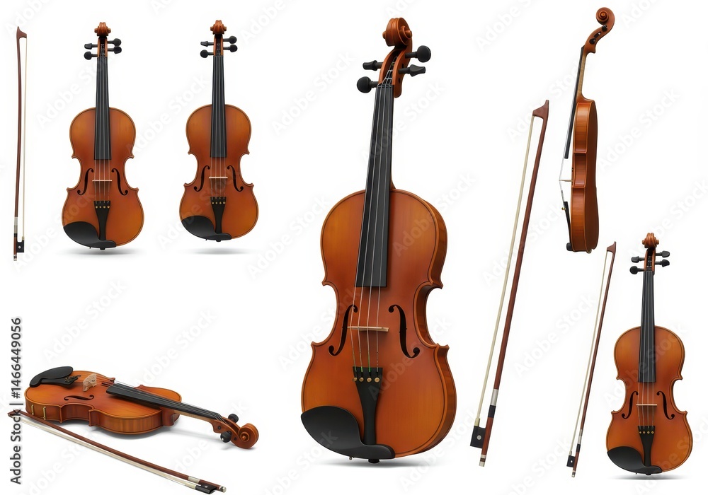 Naklejka premium Arrangement of several violins and bows displayed on a white background in various orientations and positions