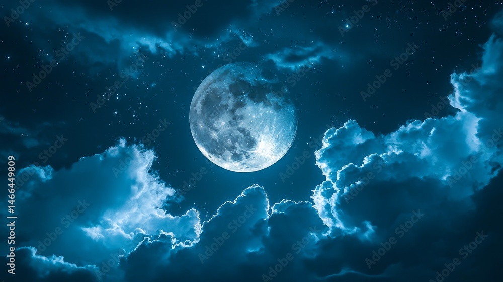 Serene Night Sky with Full Moon - Majestic full moon shining brightly in a night sky filled with fluffy clouds and twinkling stars. Perfect for backgrounds or dreamy themes Serene Night Sky with Full Moon - Majestic full moon shining brightly in a night sky filled with fluffy clouds and twinkling stars. Perfect for backgrounds or dreamy themes