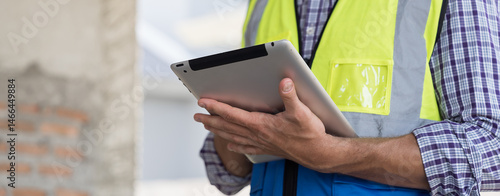 Fotografie Construction site, hands holding tablet at housing estate projects under construction site
